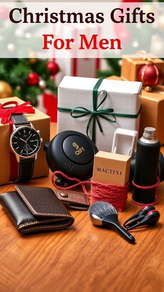 A collection of Christmas gifts for men including gadgets, clothing, and grooming products on a decorated table.